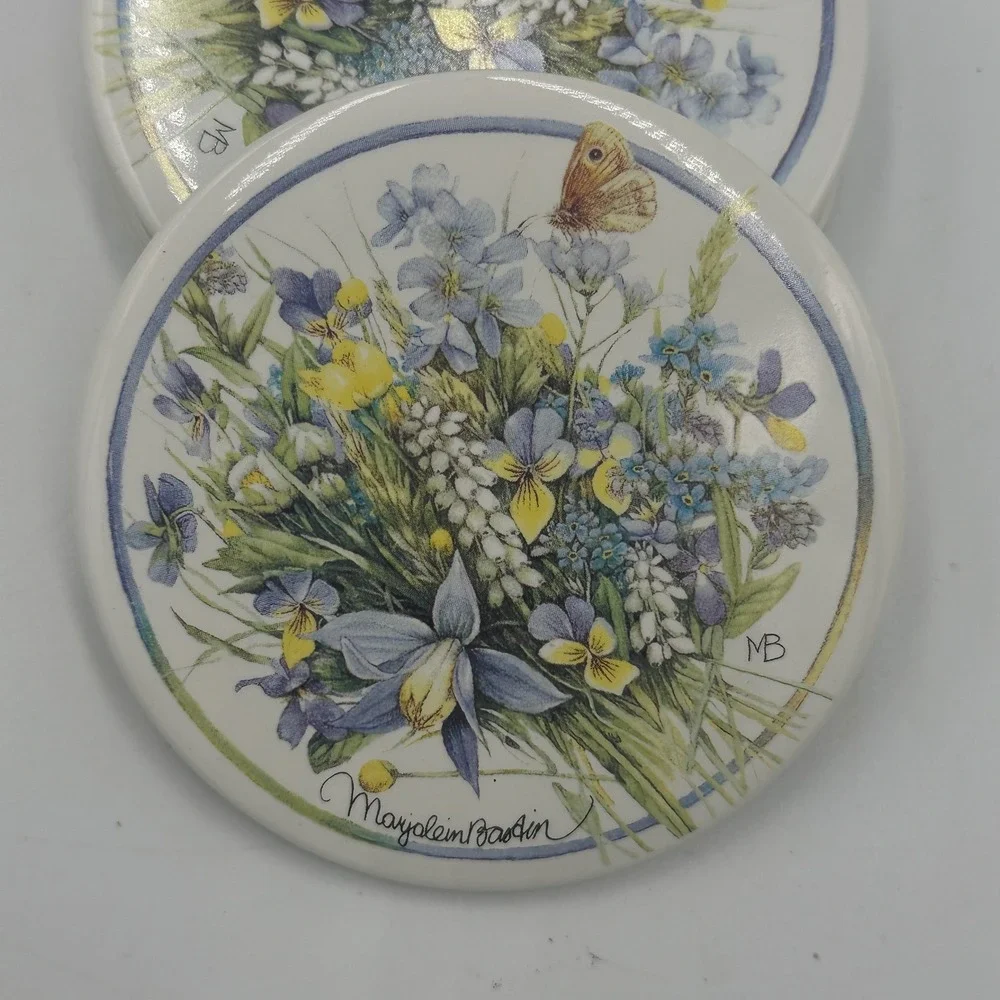 VTG Marjolein Bastin Coasters Set 4 Multicolor Floral Ceramic Cork Nature Art